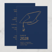 青い卒業帽子 ミニマルな卒業パーティー 招待状 (正面/裏面)