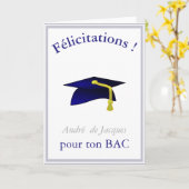 青い卒業帽 – おめでとうフランスの カード (黄色い花)