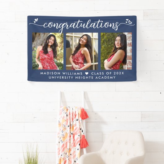 青い卒業式3写真モダン書道ハート 横断幕 (インサイチュ)