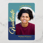 青い卒業式4フォトアはっきりしたーチパーティー実在金ゴールド 箔招待状 (正面)