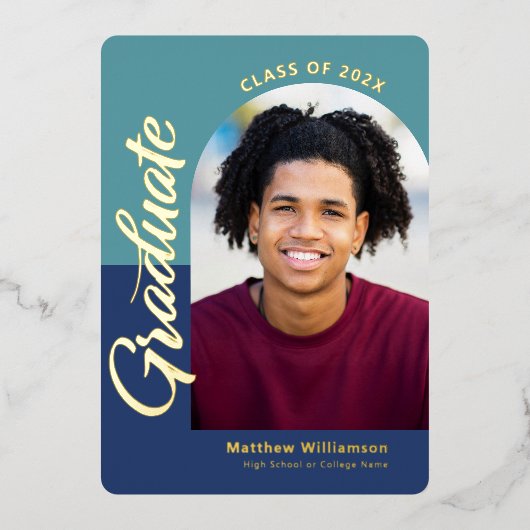 青い卒業式4フォトアはっきりしたーチパーティー実在金ゴールド 箔招待状 (正面)