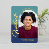 青い卒業式4フォトアはっきりしたーチパーティー実在金ゴールド 箔招待状 (立ち正面)