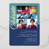 青い卒業式4フォトアはっきりしたーチパーティー実在金ゴールド 箔招待状 (裏面)