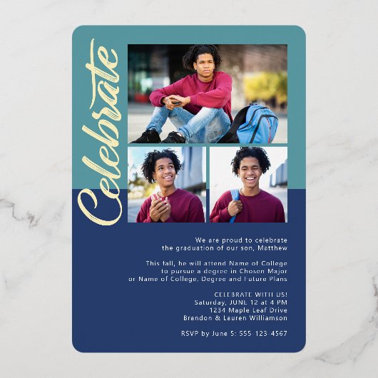 青い卒業式4フォトアはっきりしたーチパーティー実在金ゴールド 箔招待状 (裏面)