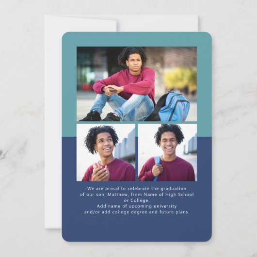 青い卒業式4フォトアーはっきりしたチスクリプトモダン 案内状 (裏面)