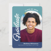 青い卒業式4フォトアーはっきりしたチスクリプトモダン 案内状 (正面)