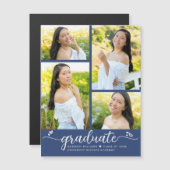 青い卒業式4フォトスクリプトハートモダン ガーリー マグネット招待状 (正面/裏面)