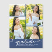 青い卒業式4フォトスクリプトハートモダン ガーリー マグネット招待状 (正面)