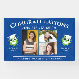 青い卒業旗パーソナライズされた，シニア写真 横断幕