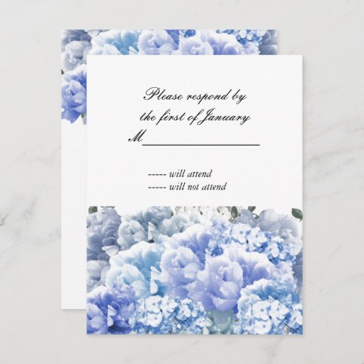 青い単色の花束の花模様返信カード 出欠カード (正面/裏面)