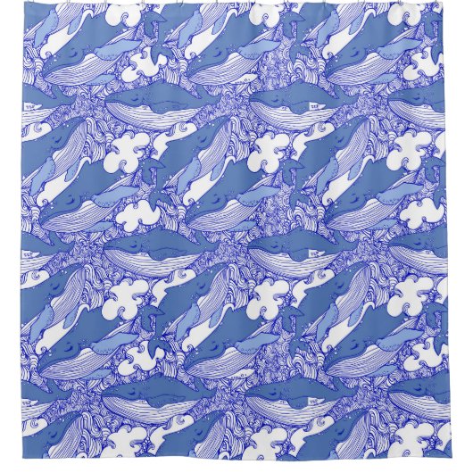 青い単色ザトウクジラ シャワーカーテン (正面)