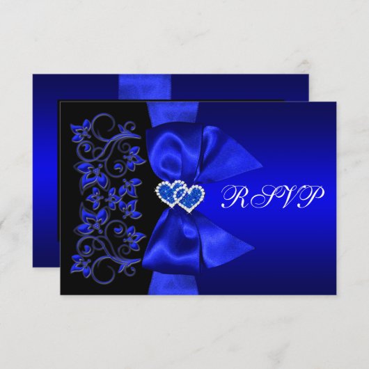 青い印刷されたリボン黒い花の結婚RSVP 出欠カード (正面/裏面)
