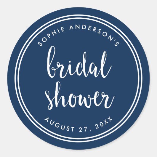 青い原稿および白のストライプのブライダルシャワー ラウンドシール (正面)