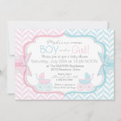 青い及びピンクの乳母車はベビーシャワーを結び付けます 招待状 (裏面)