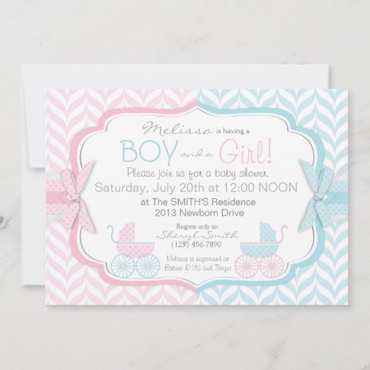 青い及びピンクの乳母車はベビーシャワーを結び付けます 招待状 (裏面)