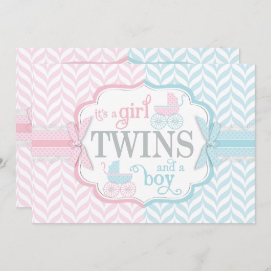 青い及びピンクの乳母車はベビーシャワーを結び付けます 招待状 (正面/裏面)