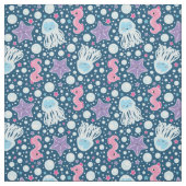 青い及びピンク愛らしい漫画の水生パターン| ファブリック (見本)