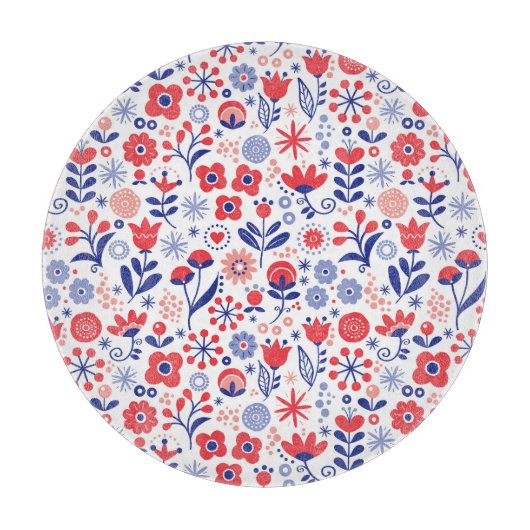 青い及び珊瑚の花パターン カッティングボード (正面)