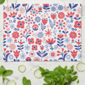 青い及び珊瑚の花パターン キッチンタオル (折り畳み)