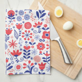 青い及び珊瑚の花パターン キッチンタオル (四つ折り)