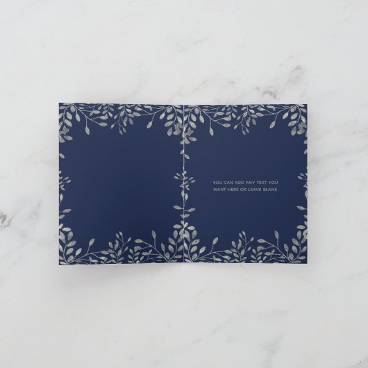 青い及び銀製の植物の葉の花柄は感謝していしています サンキューカード (内部)