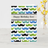 青い口ひげパターン – ハッピーバースデーソン カード (黄色い花)