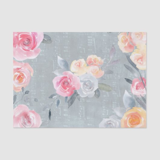 青い古い音楽シートテクスチャ上の水色バラ 薄葉紙 (正面)