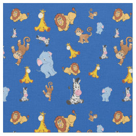 青い可愛いサファリの動物のパターン – キリン，エレファン ファブリック