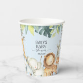 青い可愛いジャングル動物の男の子の赤ちゃんシャワー 紙コップ (裏面)