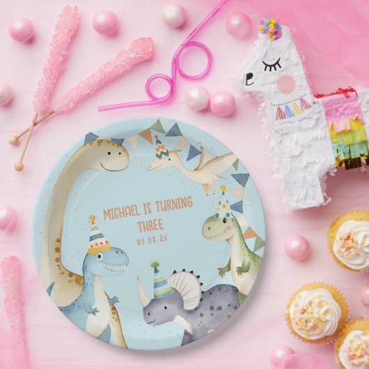 青い可愛い恐竜のダイノミテ誕生日パーティー ペーパープレート (パーティー)