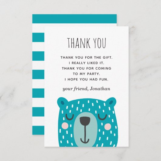 青い可愛おもしろいいクマ。アニマルキッズボーイ誕生日 サンキューカード (正面/裏面)