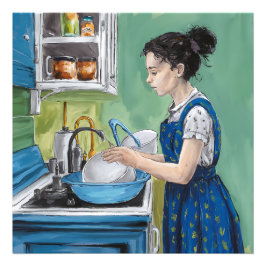青い台所で皿を洗う女性。 フォトプリント           