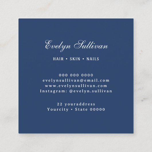 青い名刺に蝶の磁器のロゴ スクエア名刺 (裏面)