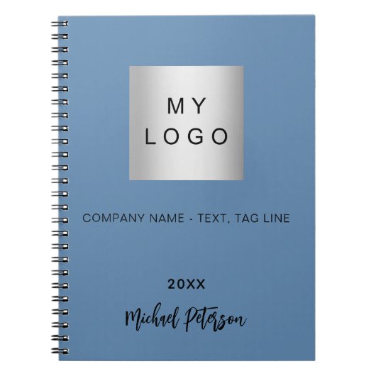 青い名前のスクリプト ビジネス ロゴ ノートブック (正面)