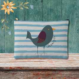 青い名前をカスタムするの可愛いストライプ鳥 アクセサリーポーチ