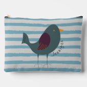 青い名前をカスタムするの可愛いストライプ鳥 アクセサリーポーチ (正面)