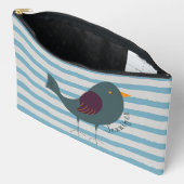 青い名前をカスタムするの可愛いストライプ鳥 アクセサリーポーチ (見開き)