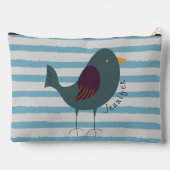 青い名前をカスタムするの可愛いストライプ鳥 アクセサリーポーチ (裏面)