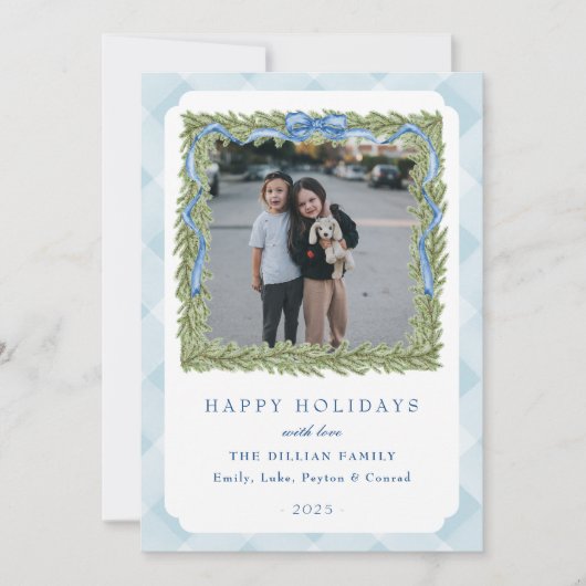 青い名門私立校風のギンガムの写真ホリデーカード シーズンカード (正面)