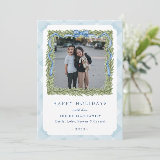 青い名門私立校風のギンガムの写真ホリデーカード シーズンカード (スタンド正面)