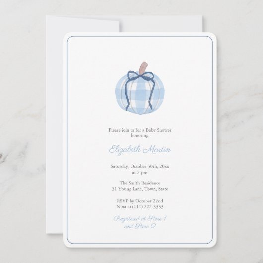 青い名門私立校風のギンガムカボチャ男の子ベビーシャワーパーティー 招待状 (正面)