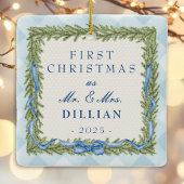 青い名門私立校風のギンガム写真クリスマス セラミックオーナメント