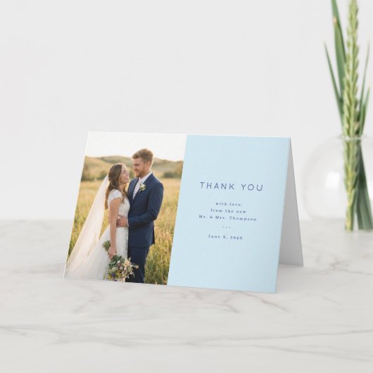 青い喜びの結婚式の写真 サンキューカード (正面)