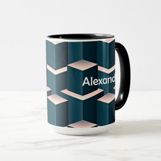 青い四角モダン形のジオメトリパターンをパーソナライズ マグカップ (正面右)