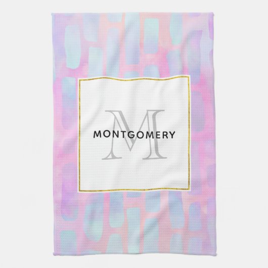 青い四角形の図形パターンモノグラム キッチンタオル (縦)