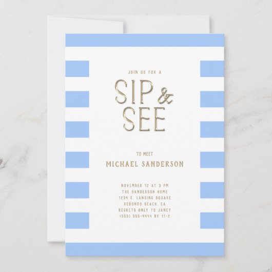 青い園区と関連項目ストライプの男の赤ちゃんパーティー 招待状 (正面)