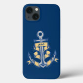 青い地にリボンを巻いたオーダーメイドのアンカー Case-Mate iPhoneケース (裏面)