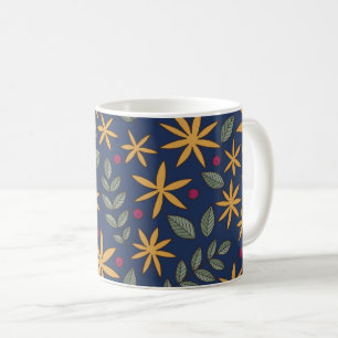 青い地に優雅な黄色の花模様 コーヒーマグカップ