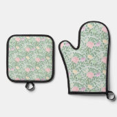 青い地に淡い色の花 鍋つかみ&鍋敷きセット (正面)