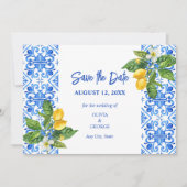 青い地中海のタイルとレモンは日付を保存する セーブザデート (正面)